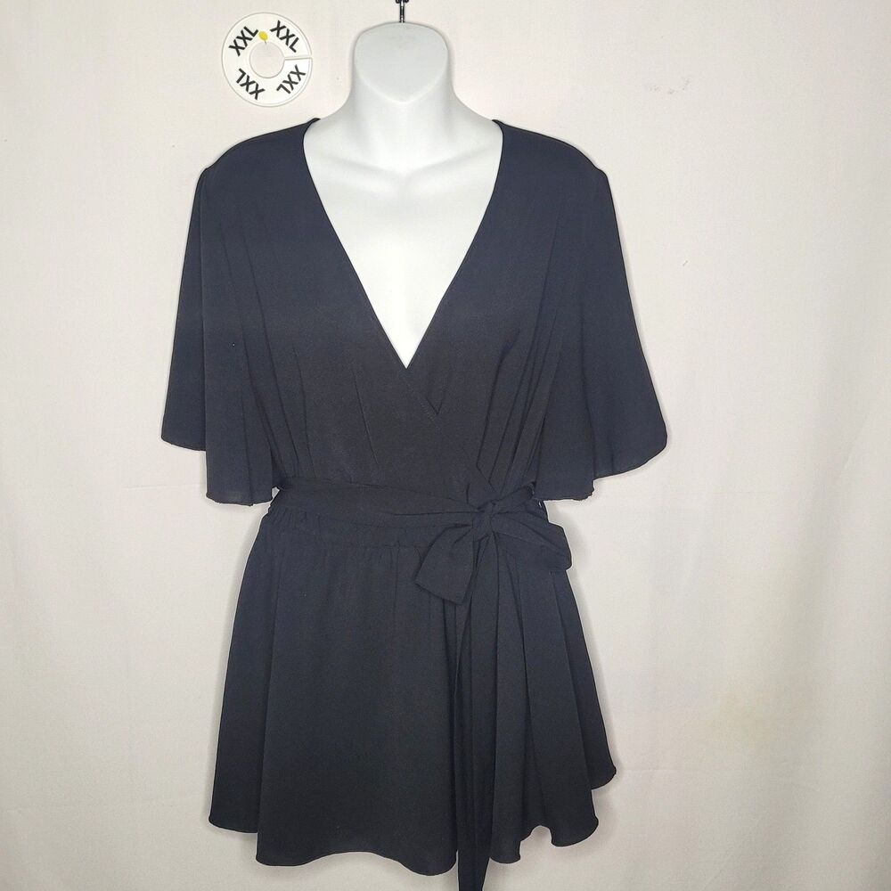 Scomchic Black Flutter Sleeve Faux Wrap Blouse Tunic 2XL